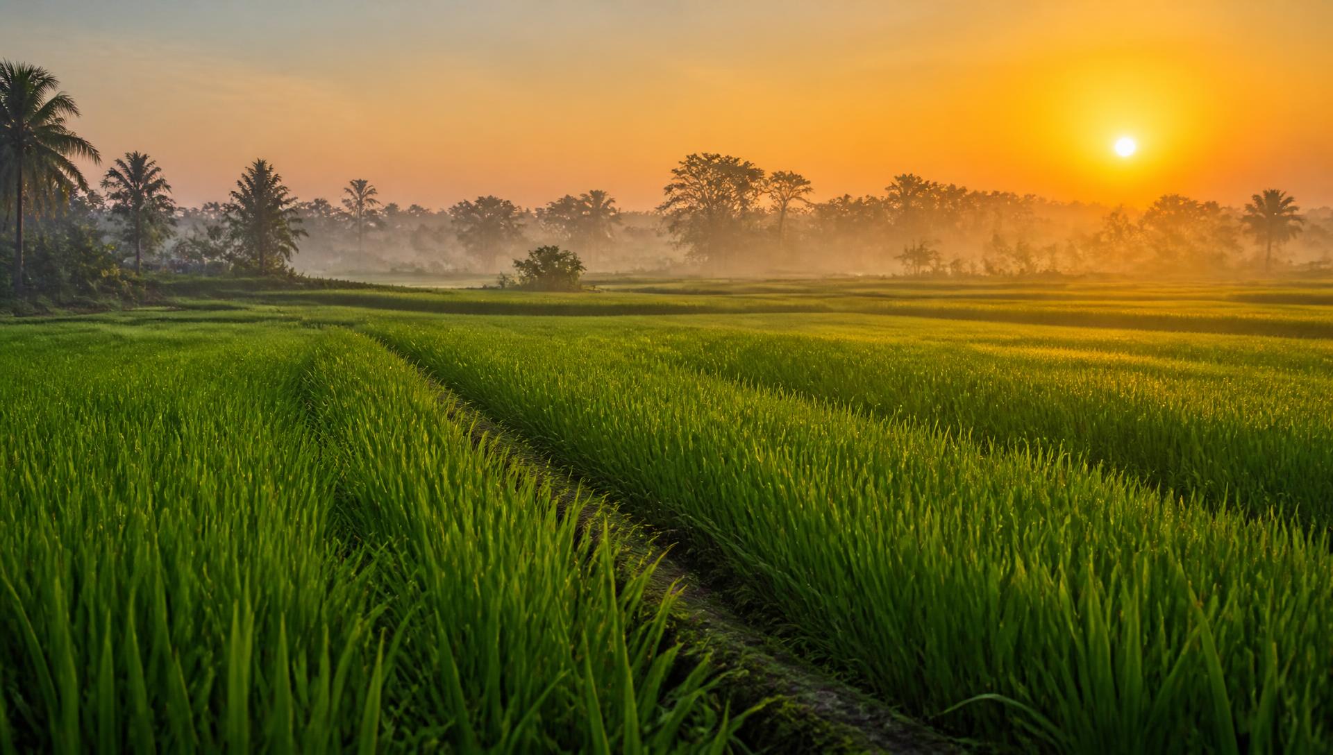 Lush green rice paddy at golden hour